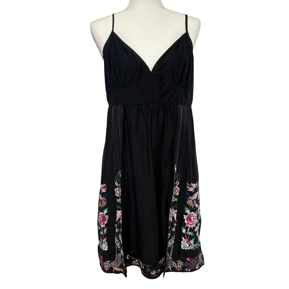 VTG y2k Lucky Brand Black Silk Babydoll Dress Embroidered Floral Womens M Boho